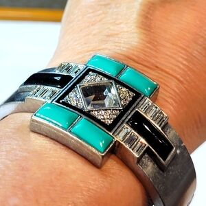 Lia Sophia Green Black Clamper Bracelet Art Deco Style Costume Jewelry Bracelet